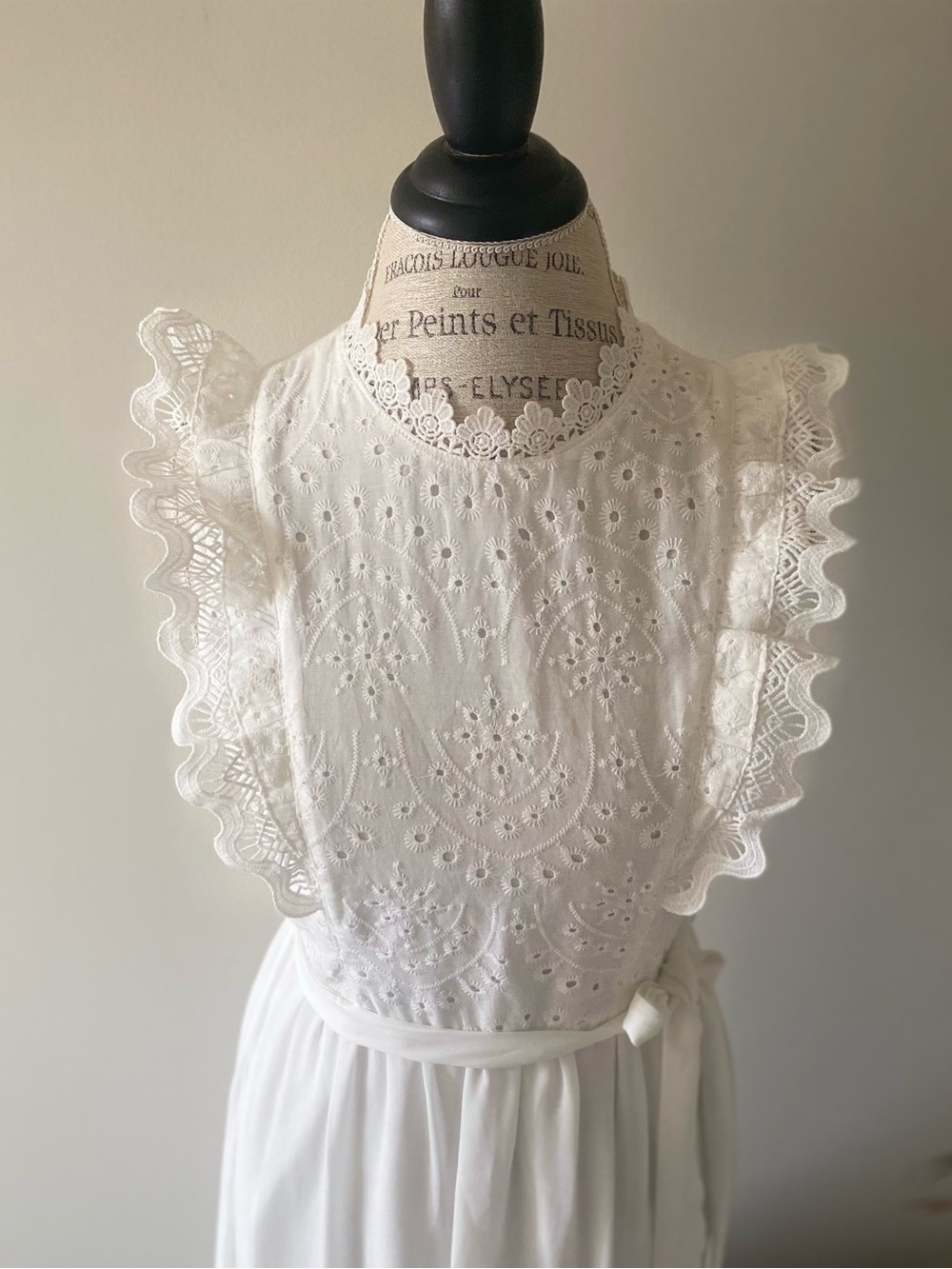 Vintage inspired Cottagecore White Eyelet / Lace Maxi Dress with Ruffle Sleeves - Picture 2 of 7